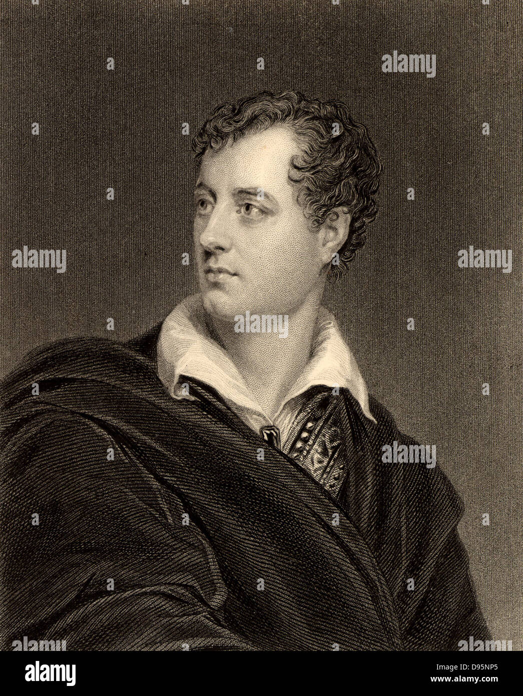 George Gordon, Lord Byron (1788-1824) English Romantic poet of Scottish descent.  Engraving  from 'The World's Great Men' (London, c1870). Stock Photo