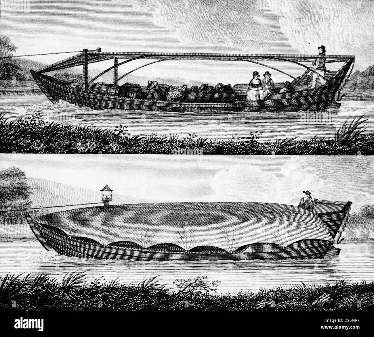 Canal boat for passengers and freight with framework for tarpaulin (top) and boat for freight covered with tarpaulin (bottom). Rope leading out of picture to left is attached to draught horse on canal towpath. From Robert Fulton 'A Treatise on the Improve Stock Photo