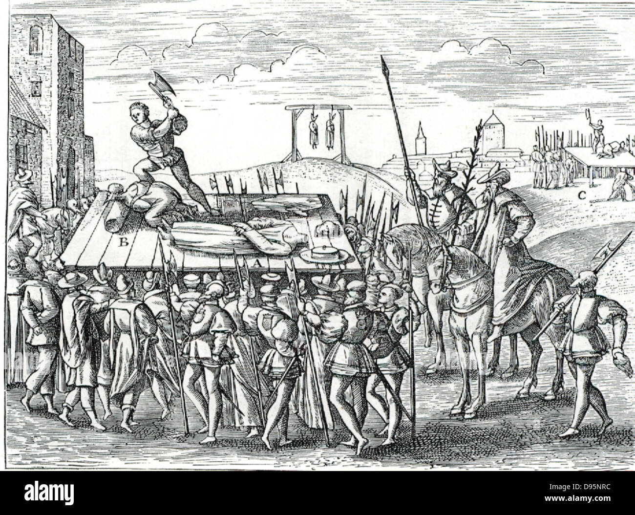 Executions ordered by Henry VIII. A: Bishiop Fisher, 17 June 1535. B: Thomas More, 9 July 1535. C: Countess of Salisbury. From 'Theatrum crudelitatum nostri temporis' Anvers,  1587. Stock Photo