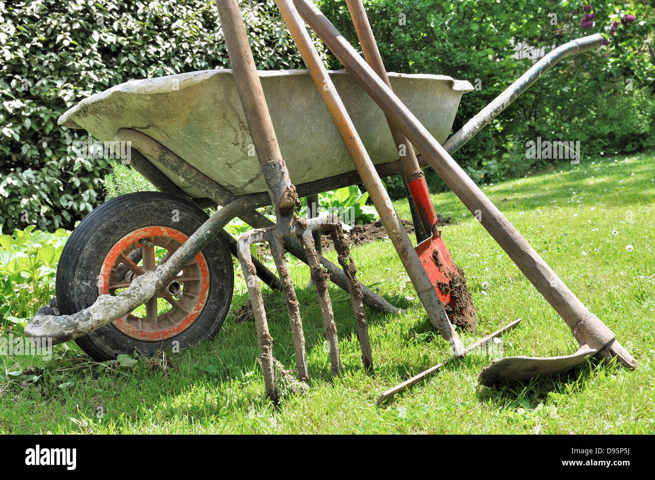 old gardening tools and wheelbarrow in the garden Stock Photo Alamy
