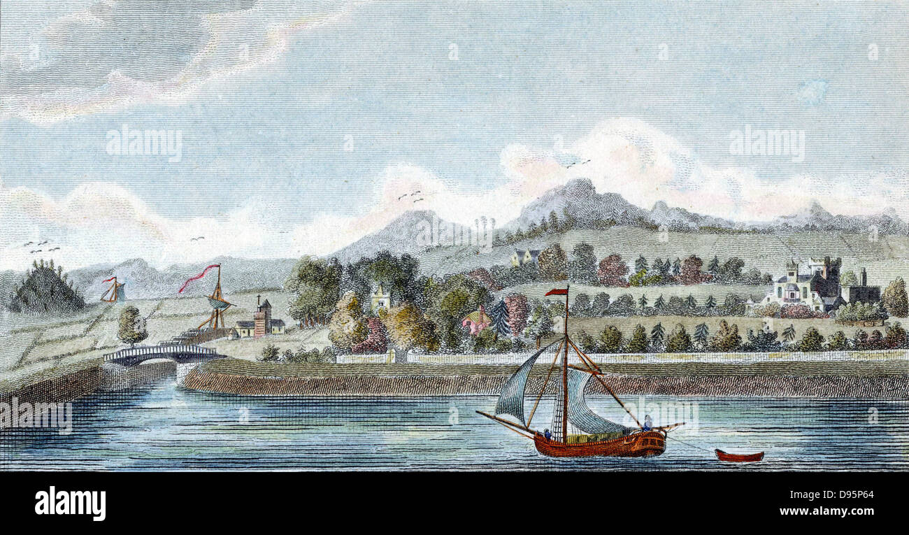 Basin of Caledonian Ship Canal at Muirtown near Inverness, Scotland. Opened 24 October 1822. Engineer: Thomas Telford. Hand-coloured engraving. Stock Photo