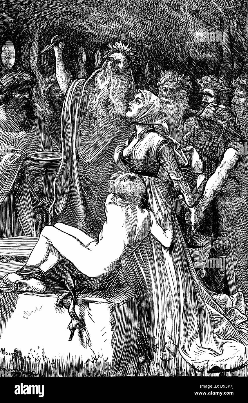 The Victim' Illustration by AB Houghton for Tennyson's poem 1868. Arch-Druid about to sacrifice King's son to save people from plague. At last moment Queen takes the blow and becomes the sacrifice.  Wood engraving. Stock Photo