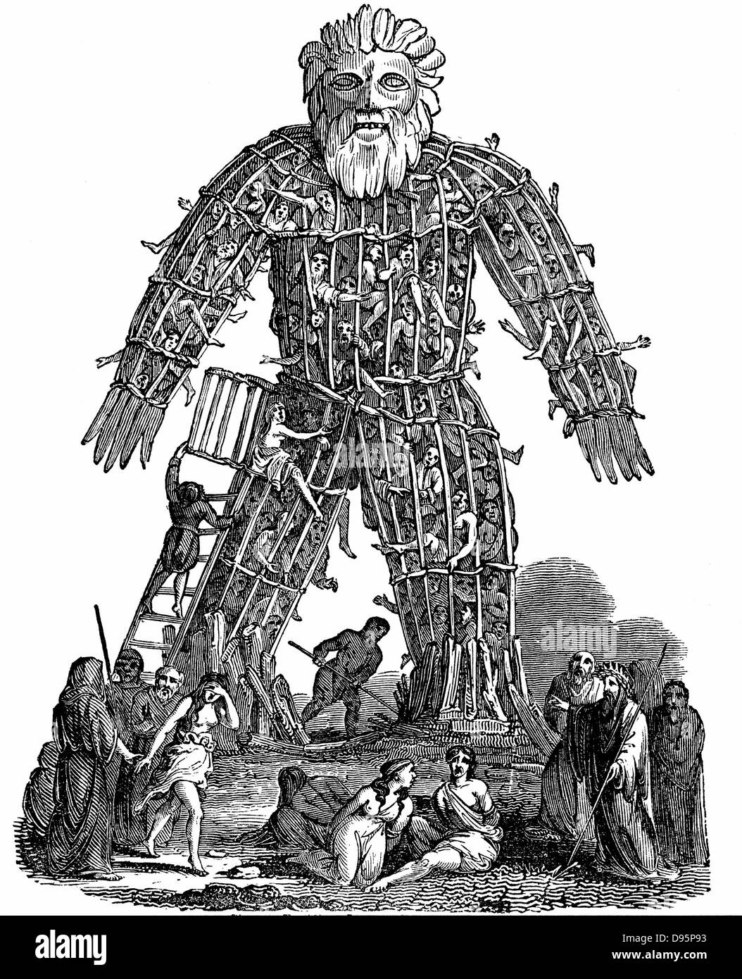 Druids making human sacrifice to their gods, based on report by Julius Caesar. Druids, the priests, teachers and judges of Celts suppressed by Romans c50 AD. Woodcut 1832. Wicker Man. Stock Photo