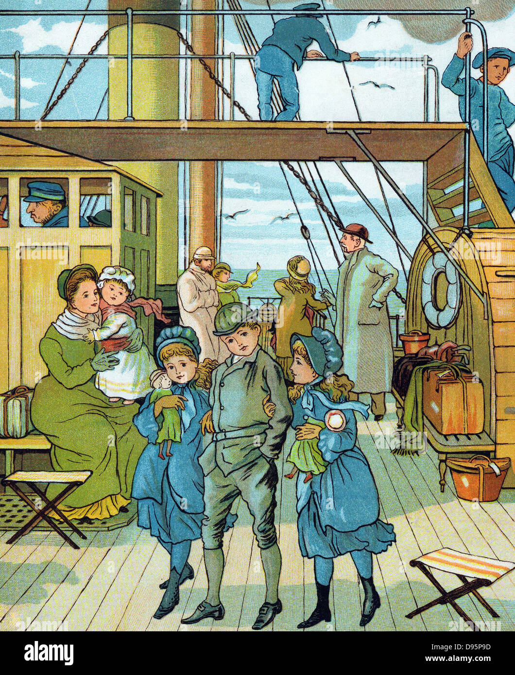 English family taking the air on deck crossing the English Channel on a steamer on their way to France for a continental holiday. Little girls, arm-in-arm with older brother, clutch their dolls. Wind blows scarves and bonnet ribbons nearly horizontal. On deck are folding stools, luggage on bench, and leather hatbox.  Chromolithograph  1886. Stock Photo