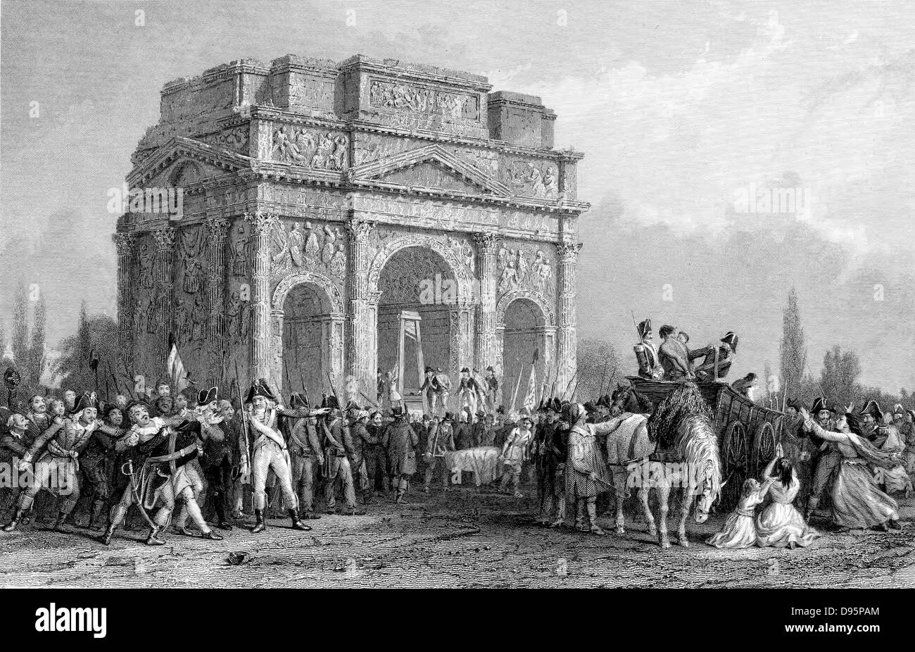 French Revolution. Guillotine set up under the Arch of Marius at Orange, on the Rhone, during the Reign of Terror. Engraving. Stock Photo