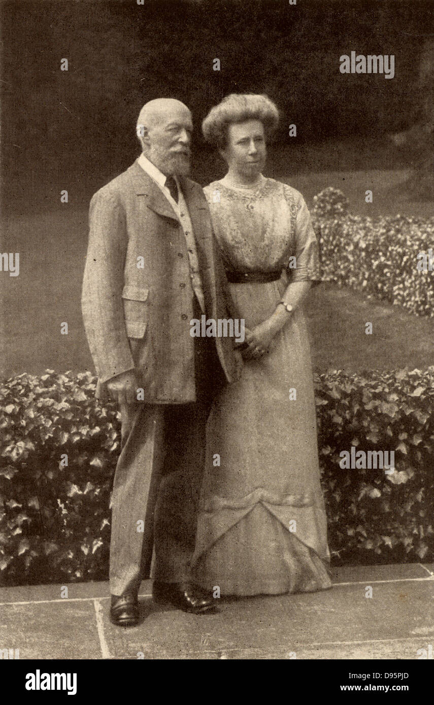 George Cadbury (1839-1922) with his wife Elizabeth in 1913 at the time of their Silver Wedding.  English Quaker industrialist and social reformer who, with his brother Richard, took over their father's chocolate business in 1861.  In 1866 they were the first in Britain to sell cocoa as a drink.  In 1879 the firm moved to Bournville, Birmingham.  From 'The Life of George Cadbury' by AG Gardiner (London, 1923). Stock Photo