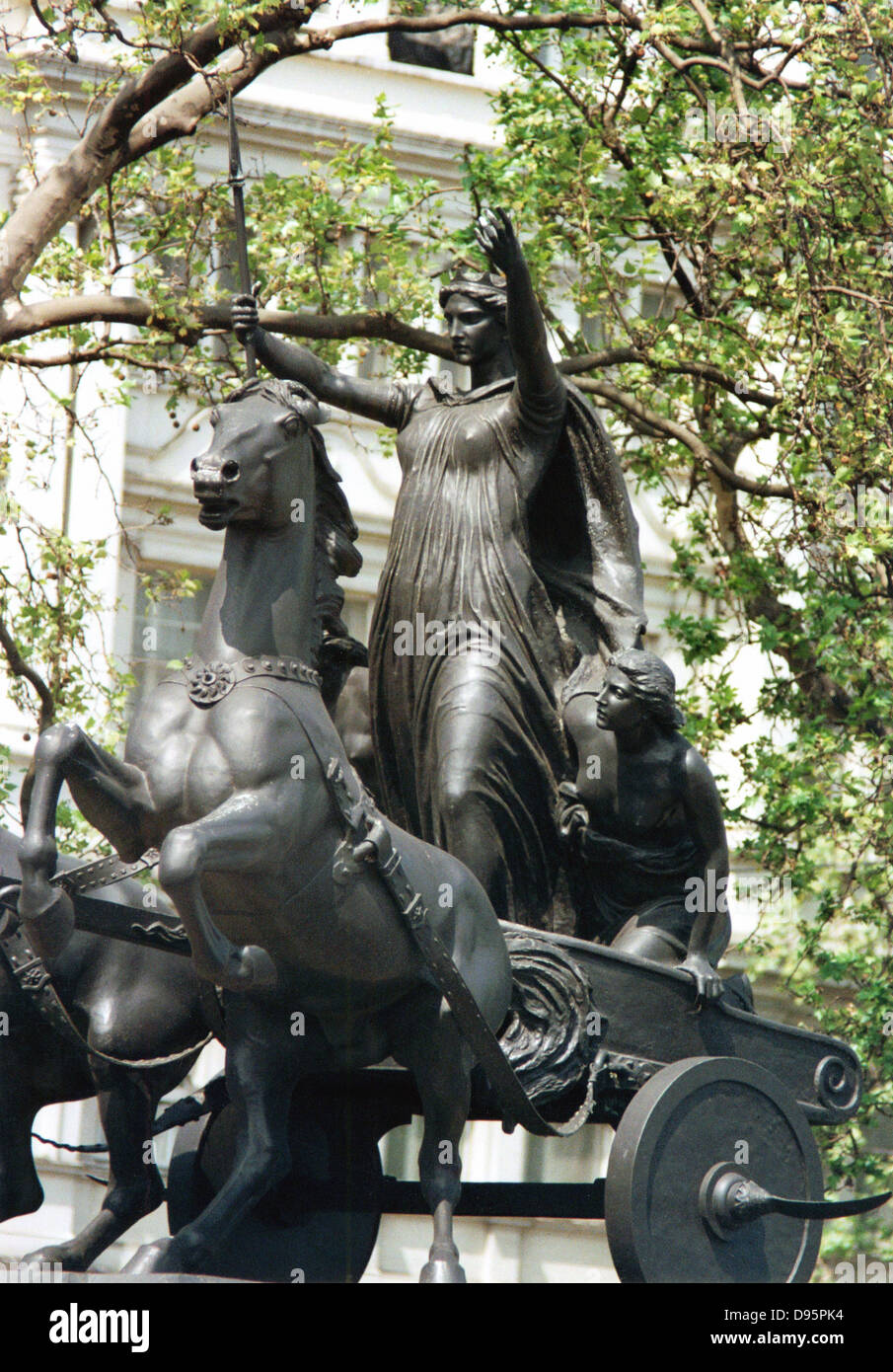 Boudicca (Boadicea) 1st century British queen of Iceni who led uprising against Romans. Statue of Boudicca and her daughters in chariot. Thames Embankment, London, England. Stock Photo