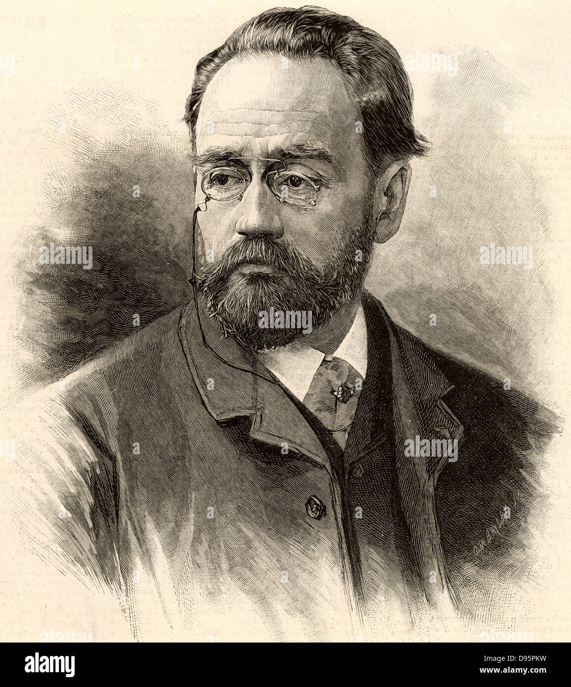 Emile Zola (1840-1902) French journalist and novelist of the Naturalistic school. Engraving published in 1893 when he was invited to give a paper to the conference of the Institute of Journalists in London.  The title of the paper he gave was 'L'Anonymat dans la Presse' (Anonymity in Journalism). Engraving. Stock Photo