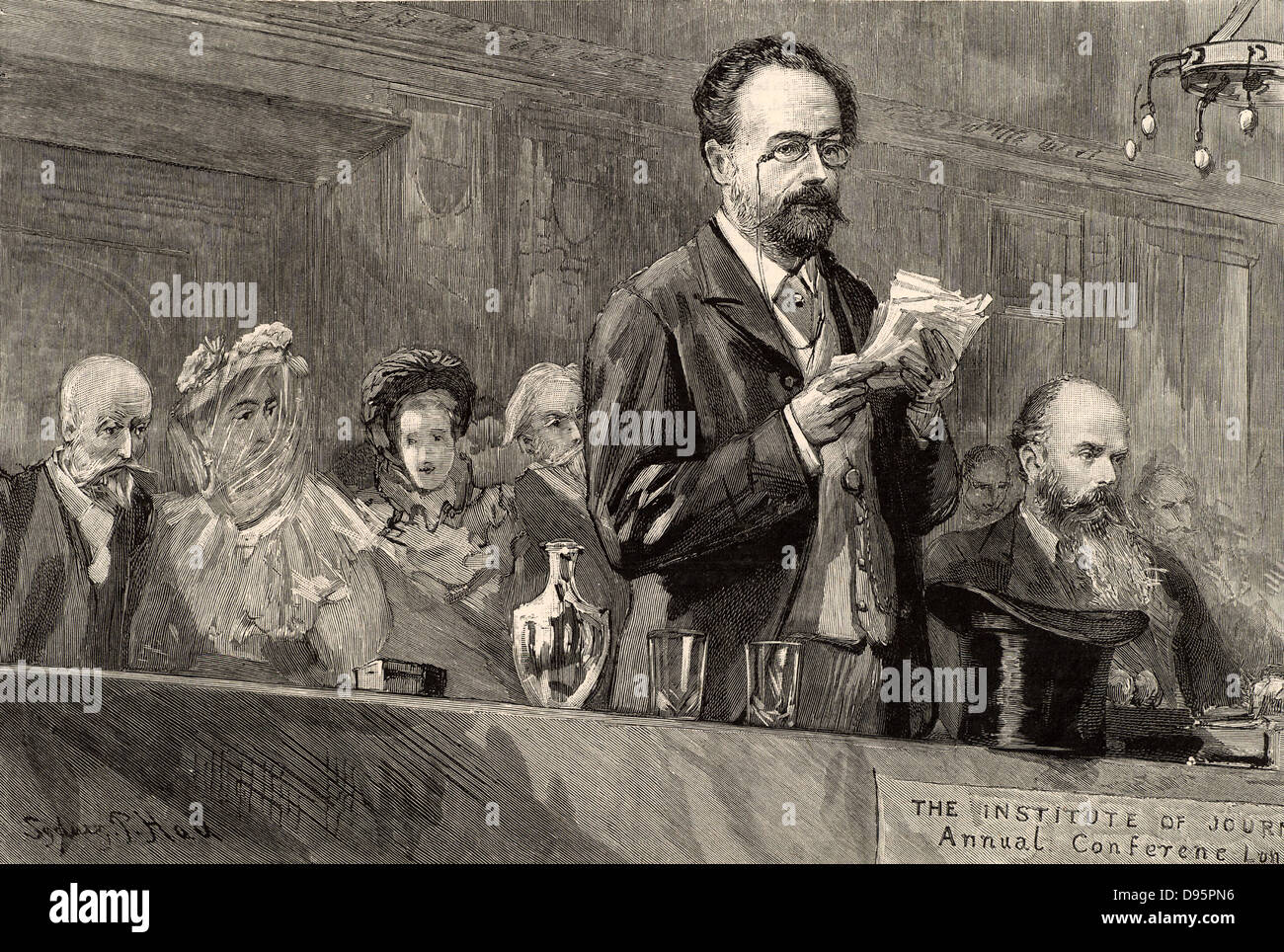 Emile Zola (1840-1902) French journalist and novelist of the Naturalistic school, addressing the conference of the Institute of Journalists in London, 1893. The title of the paper he gave was 'L'Anonymat dans la Presse' (Anonymity in Journalism). Engraving. Stock Photo