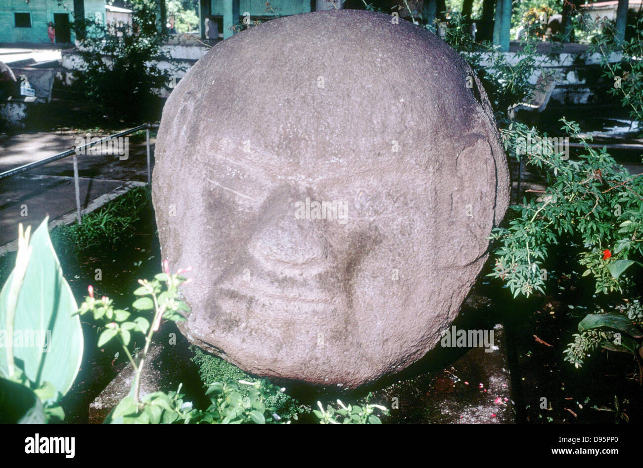 Guatemala. Pre-Columbian, Pre-Classic (1500-100 BC) Carved monolithic head from Monte Alto. Stock Photo