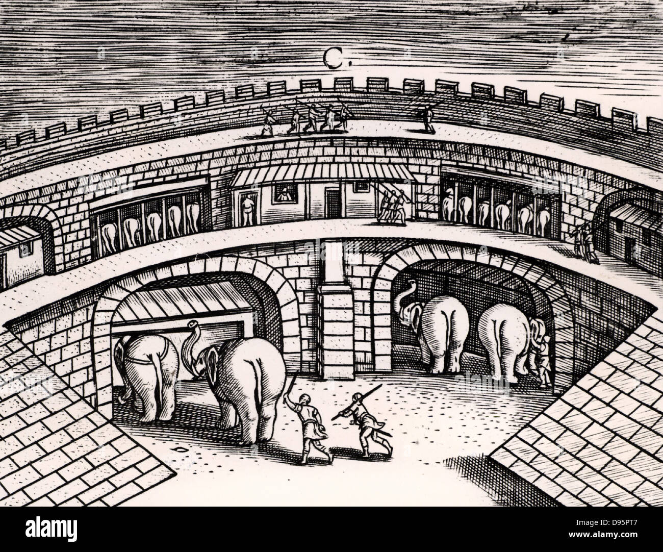 Roman army stables with elephants at ground level, with horses on the upper level. From 'Poliorceticon' by Justus Lipsius (Antwerp, 1605). Copperplate engraving. Stock Photo