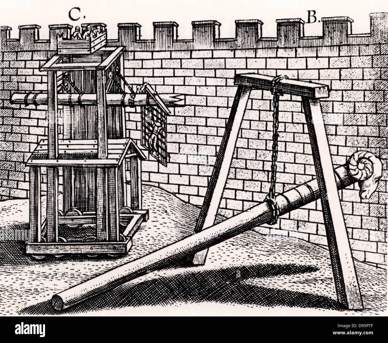 Roman soldiers using two forms of battering ram against the walls of a fortress. B is hung on a chain hanging from a frame, so enabling the men to concentrate their strength on thrusting the battering ram forward rather than the simpler form carried on their shoulders. C is mounted on a siege tower. From 'Poliorceticon sive de machinis tormentis telis' by Justus Lipsius (Joost Lips) (Antwerp, 1605). Engraving. Stock Photo