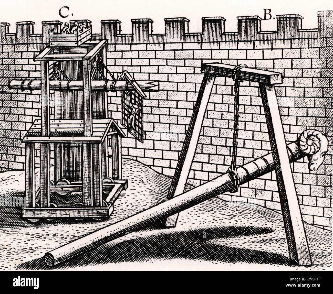 Roman soldiers using two forms of battering ram against the walls of a fortress.  B is hung on a chain hanging from a frame, so enabling the men to concentrate their strength on thrusting the battering ram forward rather than the simpler form carried on their shoulders. C is mounted on a siege tower.  From 'Poliorceticon sive de machinis tormentis telis' by Justus Lipsius (Joost Lips) (Antwerp, 1605). Engraving. Stock Photo