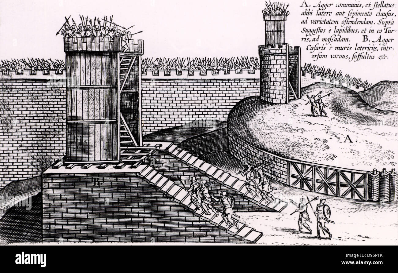 Roman siege towers positioned to give attackers the advantage of height above the city walls. From 'Poliorceticon sive de machinis tormentis telis' by Justus Lipsius (Joost Lips) (Antwerp, 1605). Engraving. Stock Photo