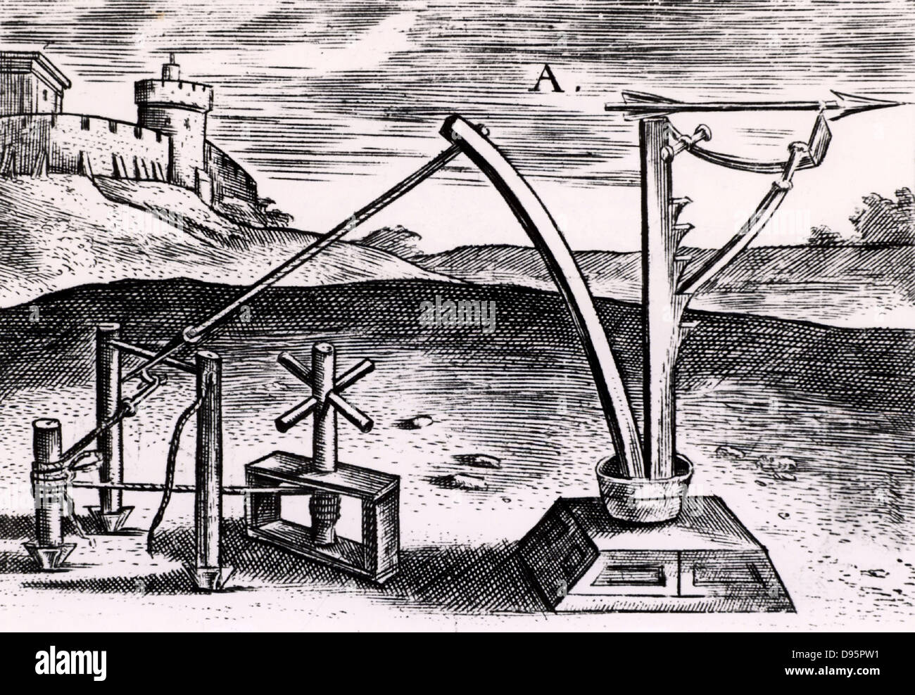 Reconstruction of a Roman machine for shooting arrows wound up ready for the missile to be released. From 'Poliorceticon sive de machinis tormentis telis' by Justus Lipsius (Joost Lips) (Antwerp, 1605). Engraving. Stock Photo