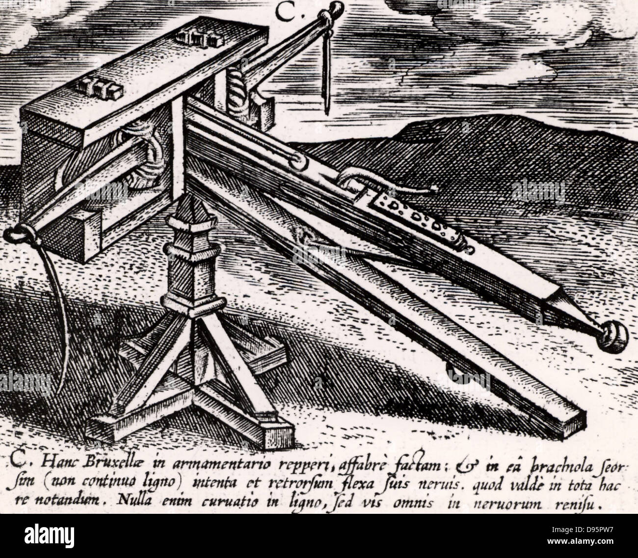 Mechanical crossbow on stand (euthytonon) attributed to Philo of Byzantium (active 150-100 BC). When arms CC wound back against skeins or sinews, the ends of ropes, here shown hanging down from ends of arms, were connected to hook, so holding arms back. Tension was increased by a ratchet, a large arrow was placed on front of arm and fired by releasing the rope. From 'Poliorceticon sive de machinis tormentis telis' by Justus Lipsius (Joost Lips) (Antwerp, 1605). Engraving. Stock Photo