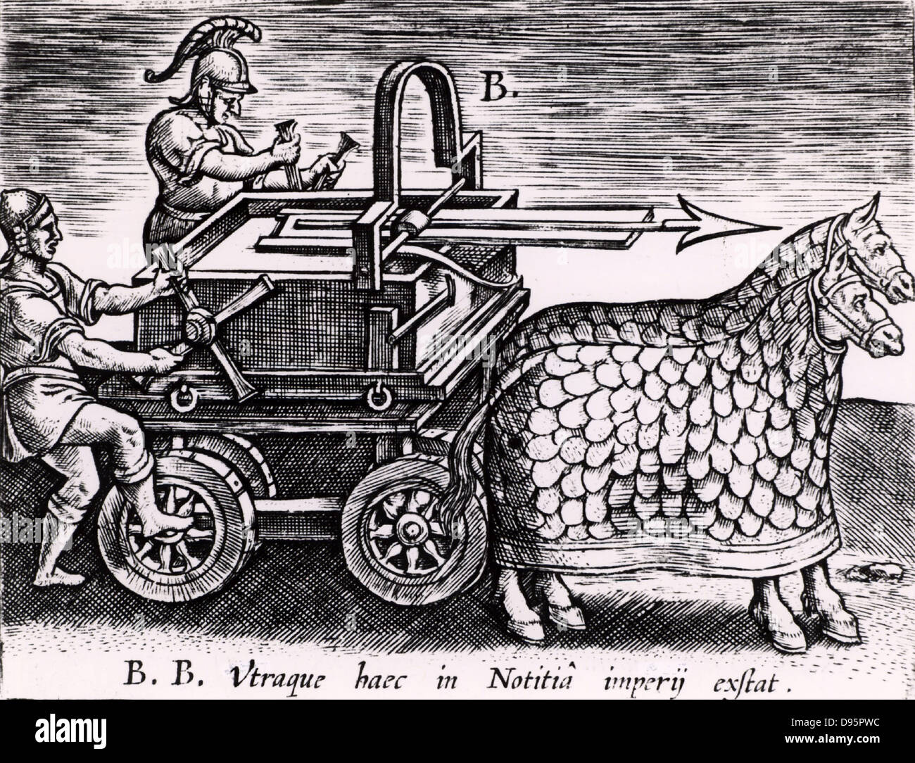 Roman machine for firing arrows mounted on a carriage drawn by two mailed horses. From 'Poliorceticon sive de machinis tormentis telis' by Justus Lipsius (Joost Lips) (Antwerp, 1605). Engraving. Stock Photo