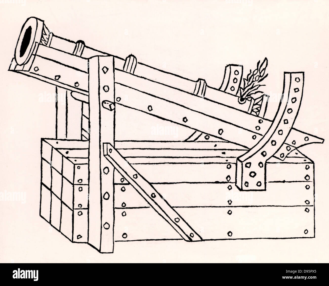 Cannon formed of iron staves hooped together and mounted on a primitive gun carriage. The elevation of the gun could be moving the rod on the front pillar into a different slot.    From 'De re militari' by Roberto Valturio (Verona, 1472).  Woodcut. Stock Photo