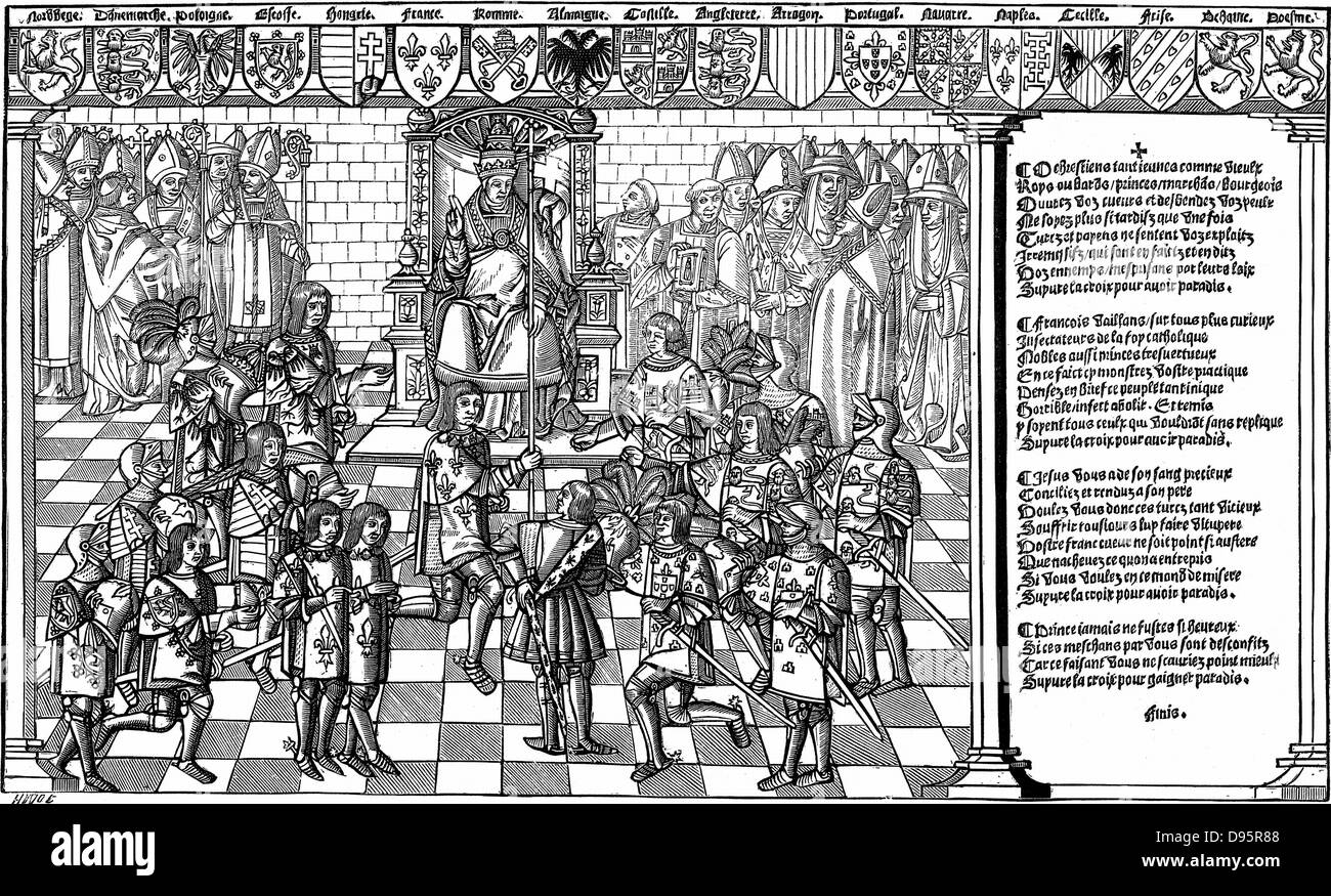 Urban II, Pope (1088-99) presiding over Council of Claremont of 1095 which launched the First Crusade. Woodcut from 'Grand voyage de Hierusalem' 1522. Stock Photo