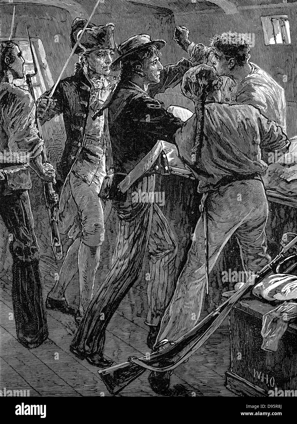William Bligh (1754-1817) British naval officer, seized in his cabin by mutinous crew of 'HMS Bounty', led by Fletcher Christian (with sword) 28 April 1789. Late 19th century engraving. Stock Photo