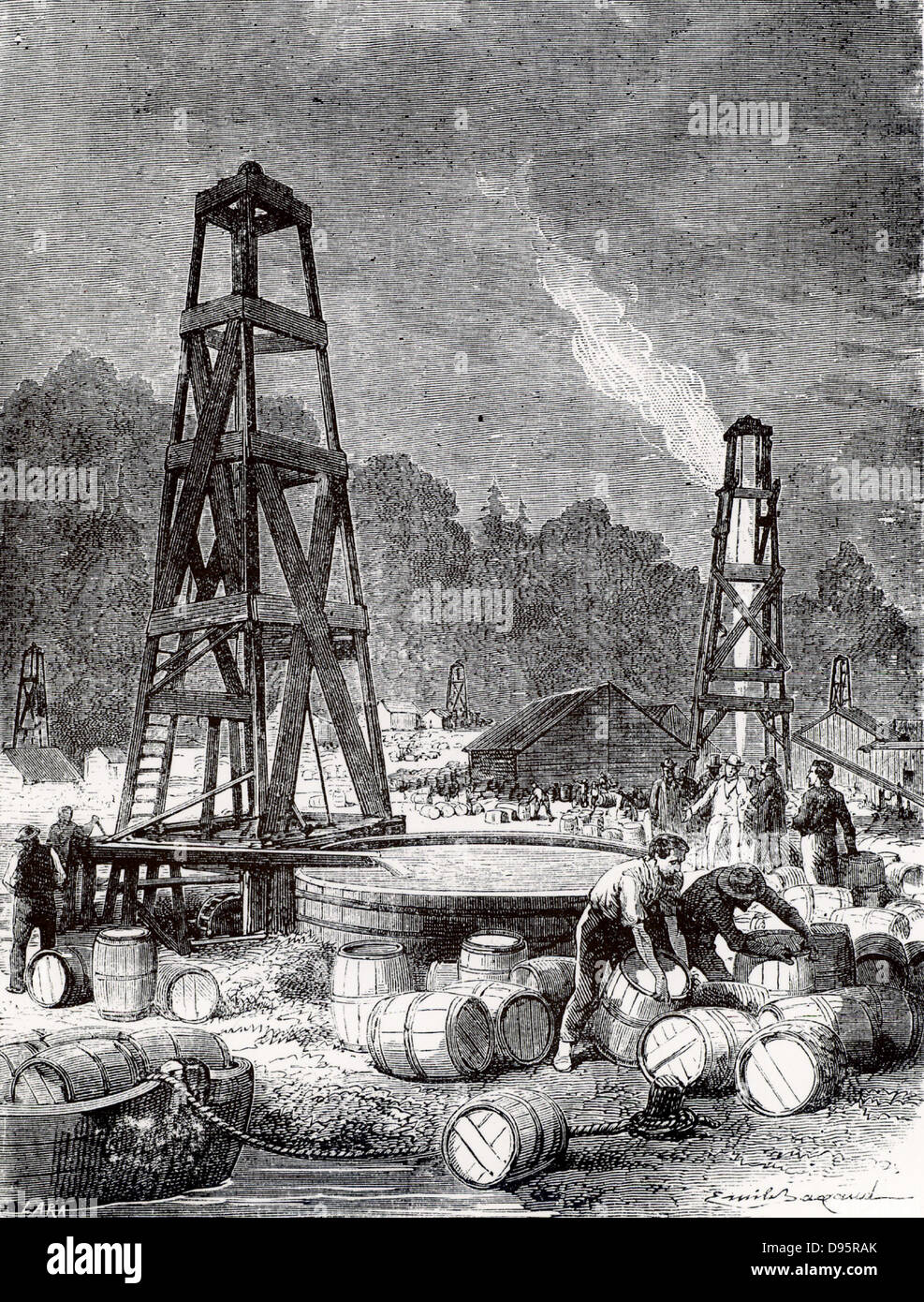 Oil wells at Oil Creek, 150 miles up the Allegheny River from Pittsburgh, Pennsylvania, USA.    Engraving from 'Les Merveilles de la Science' by Louis Figuier (Paris, c1870). Stock Photo