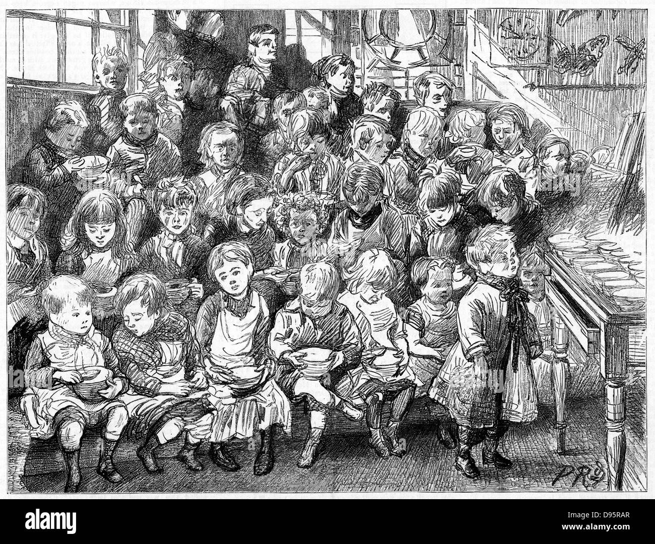 London Board School, Denmark Terrace, Islington:  Waiting for soup at dinner time.  From 'The Graphic' London 7 December 1889.  This soup was probably the most nourishing meal in the day for these children.  Wood engraving. Stock Photo