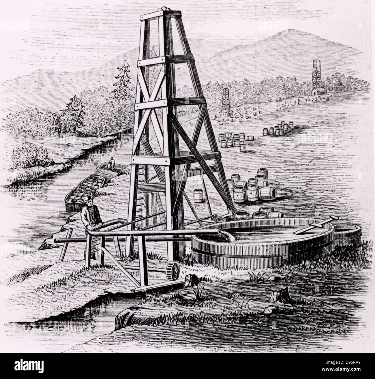 Oil wells at Oil Creek, 150 miles up the Allegheny River from Pittsburgh, Pennsylvania, USA.    Engraving from 'The Practical Dictionary of Mechanics' edited by Edward H Knight (New York and London, c1880) Stock Photo