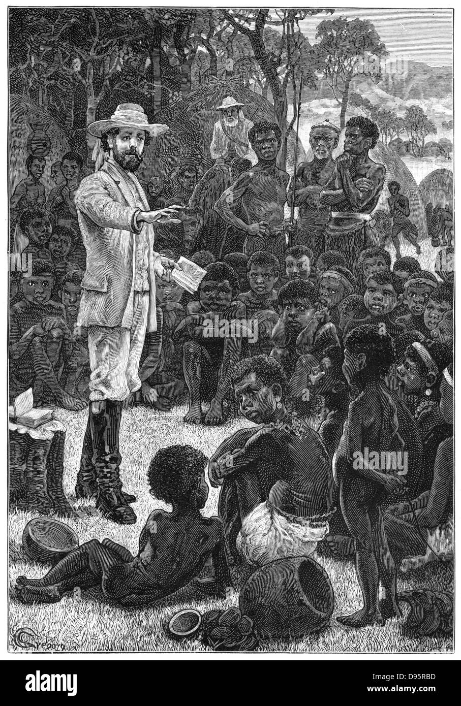 Charles Frederick MacKenzie (1825-62) Anglican Bishop of Central Africa (1861), leader of the Universities Mission, preaching to African children.  From Edwin Hodder 'Heroes of Britain' London c1880 Stock Photo