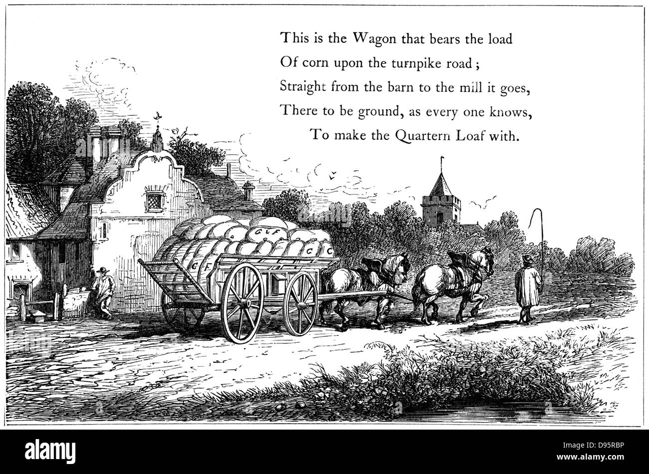 Wagon loaded with sacks of corn on the road to the flour mill.  Carter walks in front of his team of two carthorses with his whip held aloft.  Illustration from children's book, London 1860. Wood engraving. Stock Photo