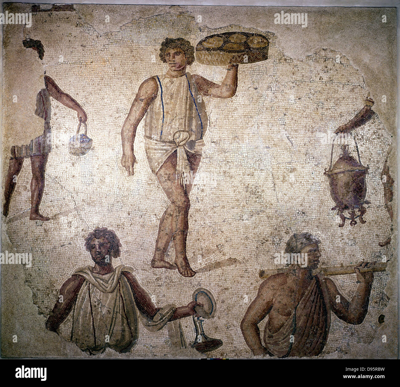 Servants/slaves making preparations for a feast. Mosaic. Carthage. 2nd century AD. Louvre Stock Photo