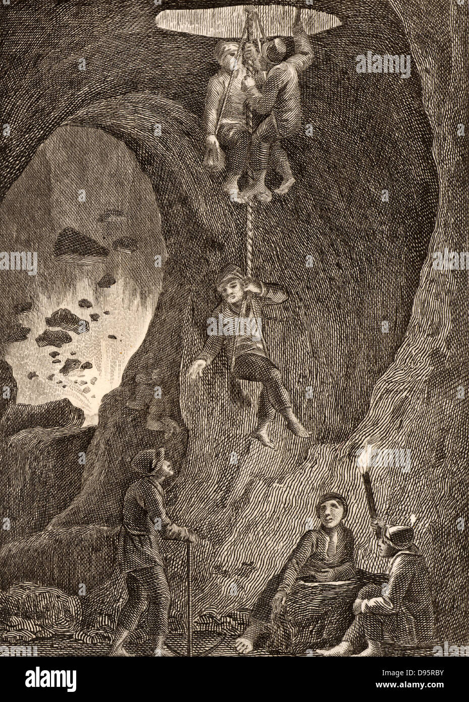 Miners being lowered by ropes into the silver mines near Bansk Stiavnica (also called Selmechbanya or Scheminitz) in central Slovakia. From the 11th century until 1918 it was part of the kingdom of Hungary. Engraving, 1805. Stock Photo