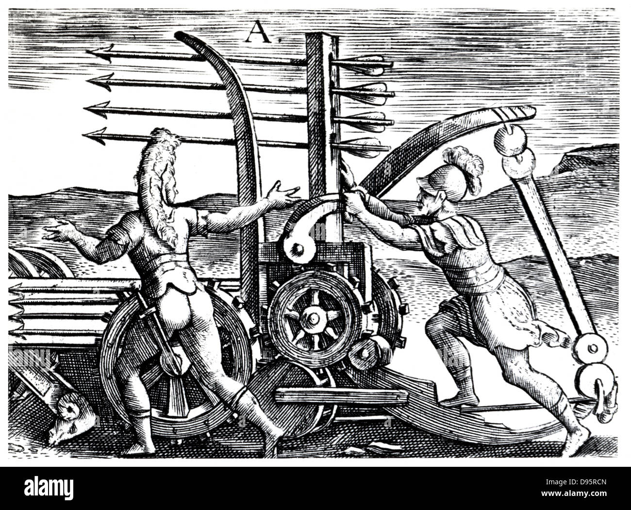 Roman soldiers using a war engine firing multiple arrows. Reconstruction from Justus Lipsius 'Poliorceticon sive de Machinis Tormentis Telis', Antwerp 1605. Copperplate engraving. Stock Photo
