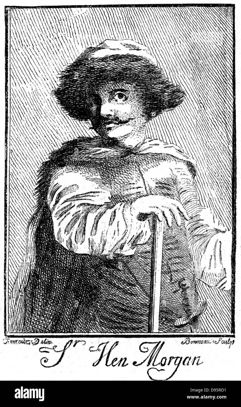 Henry Morgan (1635-1688) notorious Welsh pirate and buccaneer who, with tacit support of English government harried, and plundered Spain's Caribbean colonies. In Anglo-Dutch War 1665-7 he did the same to the Dutch. Captured Panama 1671 after peace agreement with Spain. Arrested and sent to London where knighted by Charles II, who sent him abroad again as deputy governor of Jamaica. After engraving published 1741. Stock Photo