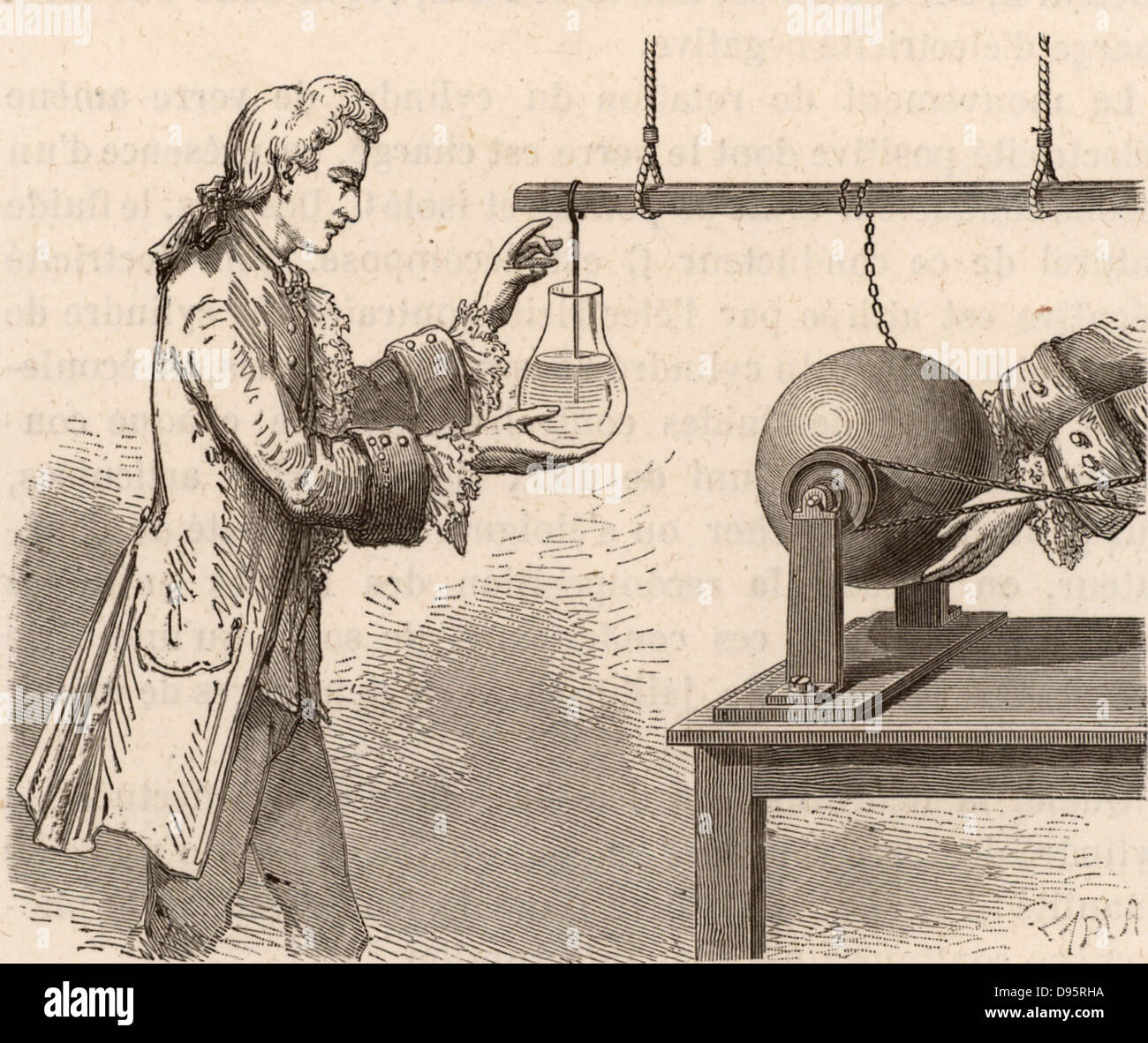 The origin of the Leyden Jar. Andreas Cuneus (1712-1778) Dutch lawyer and scientist, in the laboratory of Pieter von Musschenbroek (1692-1761),  attempting to electrify water contained in a bottle with the charge created by the friction from a glass globe static electric machine, Leyden, 1746.  Musschenbroek repeated the experiment and was surprised by the electric shock he received.  Engraving from 'Electricity in the Service of Man' by Amedee Guillemin (London, 1891). Stock Photo