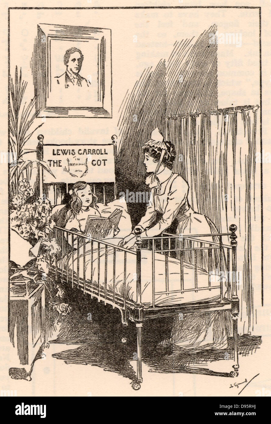 Lewis Carrol cot, in Alice Ward, Great Ormond Street Hospital for Children, London. Named for the author of 'Alice's Adventures in Wonderland'  Lewis Carol pen name of the English mathematician Charles Lutwidge Dodgson (1832-1898). Funded by readers to the 'Pall Mall Gazette'. Wood engraving, 1906. Stock Photo