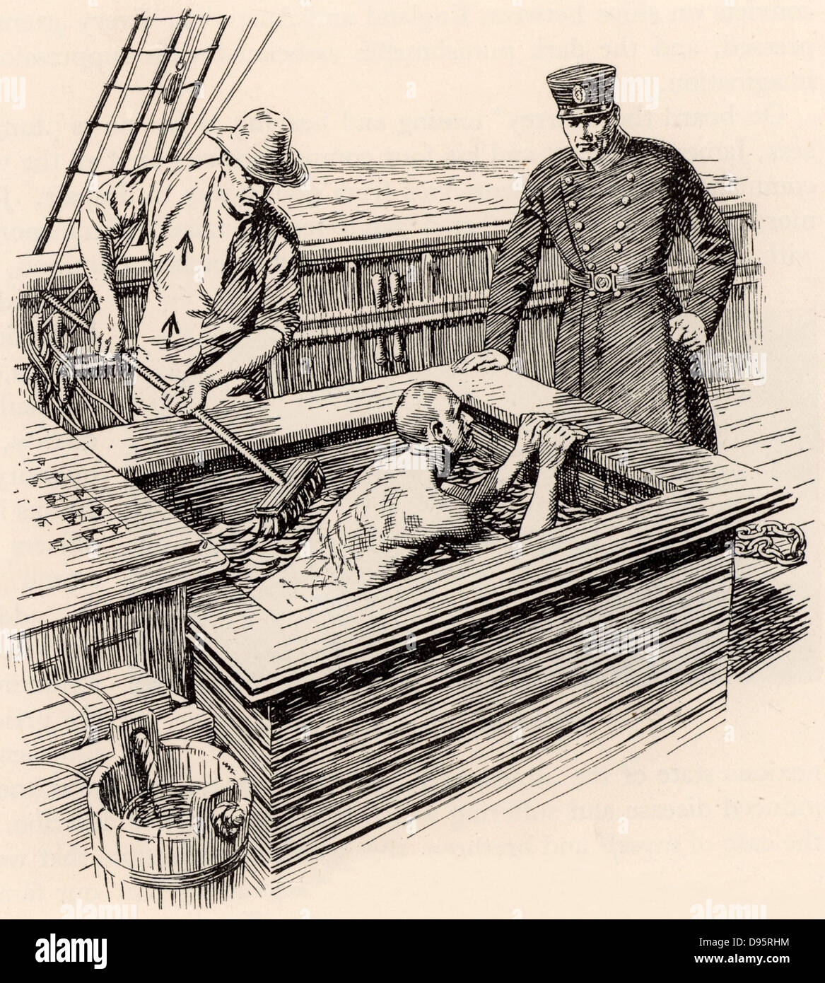 Transportation of  convicts from Britain to Australia in the 19th century. The regime on board the convict ships was harsh as were the punishments. Here a prisoner who has been flogged until his back is raw is then put into a brine (salt) bath and his back is scrubbed with a broom. Stock Photo