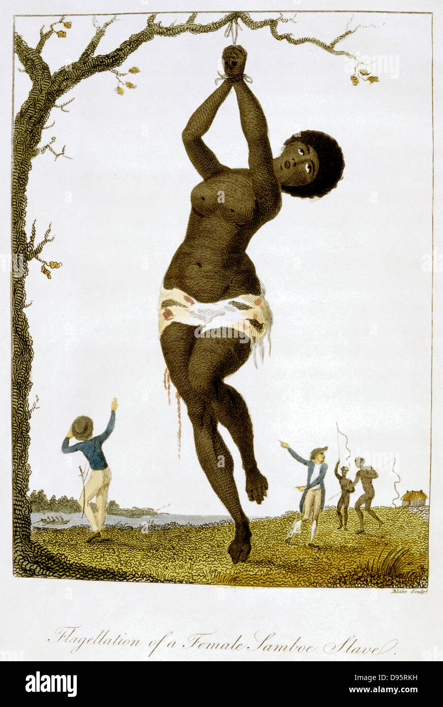 Whipping of a female black slave. From Stedman 'Journal of Five Years Expedition against the Rebelling Blacks of Surinam 1772-77' London 1793. Hand-coloured engraving. Stock Photo