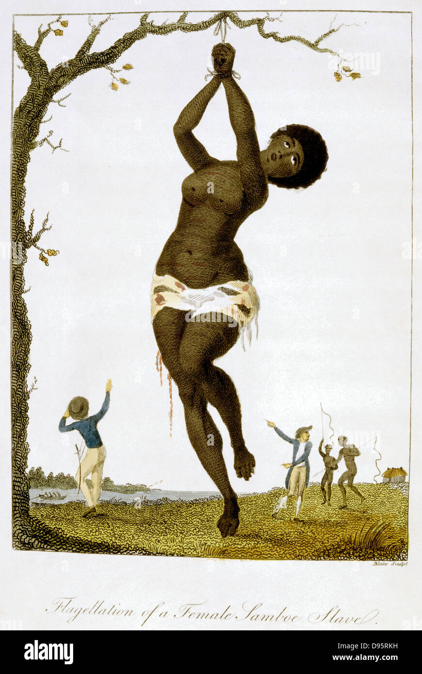 Whipping of a female black slave. From Stedman 'Journal of Five Years  Expedition against the Rebelling Blacks of Surinam 1772-77' London 1793.  Hand-coloured engraving Stock Photo - Alamy