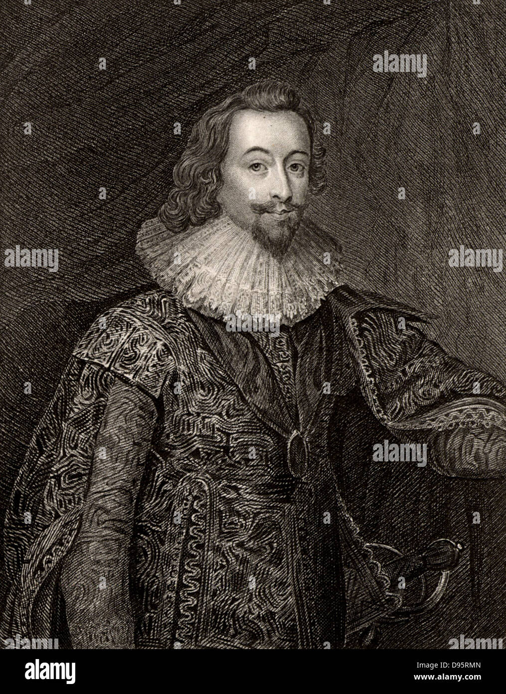 George Villiers, 1st Duke of Buckingham (1592-1628) English courtier; favourite of James I and Charles I.  Assassinated 23 August 1628.  Engraving. Stock Photo