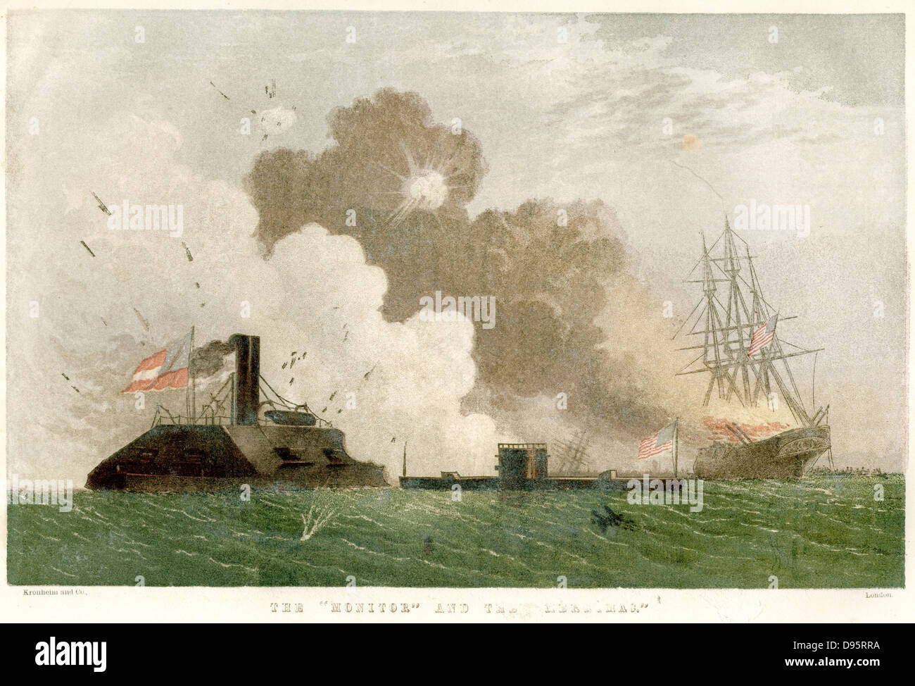 American Civil War: Engagement between Confederate ironclad 'Merrimac' and Union ironclad 'Monitor' - 8 March 1852. Chromolithograph published 1864 Stock Photo
