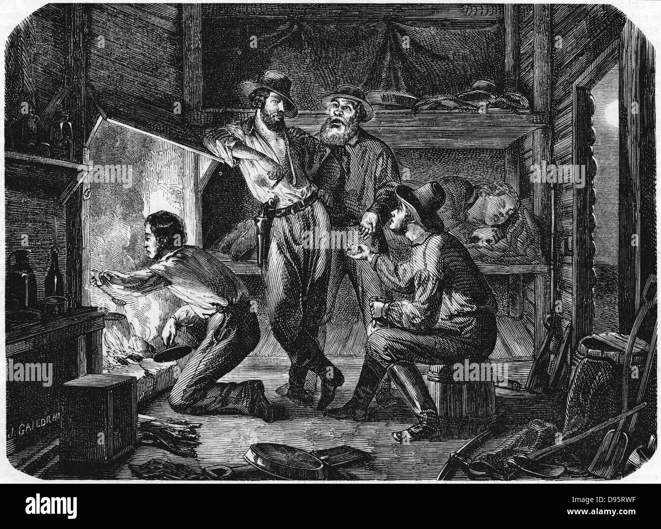 Miners in the Californian gold fields relaxing in their log cabin at night.  From 'L'Illustration' Paris 6 August 1853. Wood engraving Stock Photo