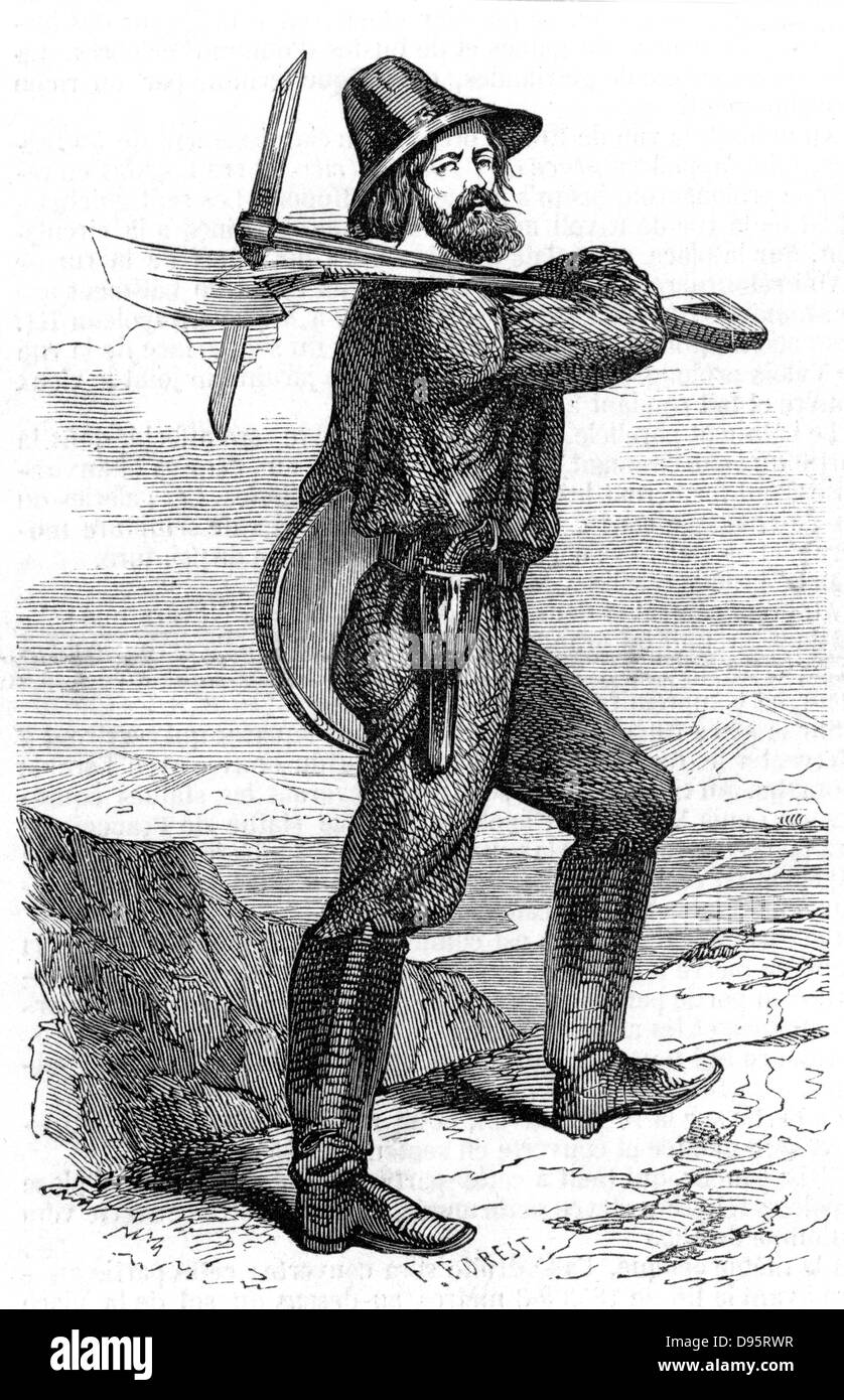 Mining prospector in the Californian gold fields. From 'L'Illustration' Paris 18 June 1853. Wood engraving Stock Photo