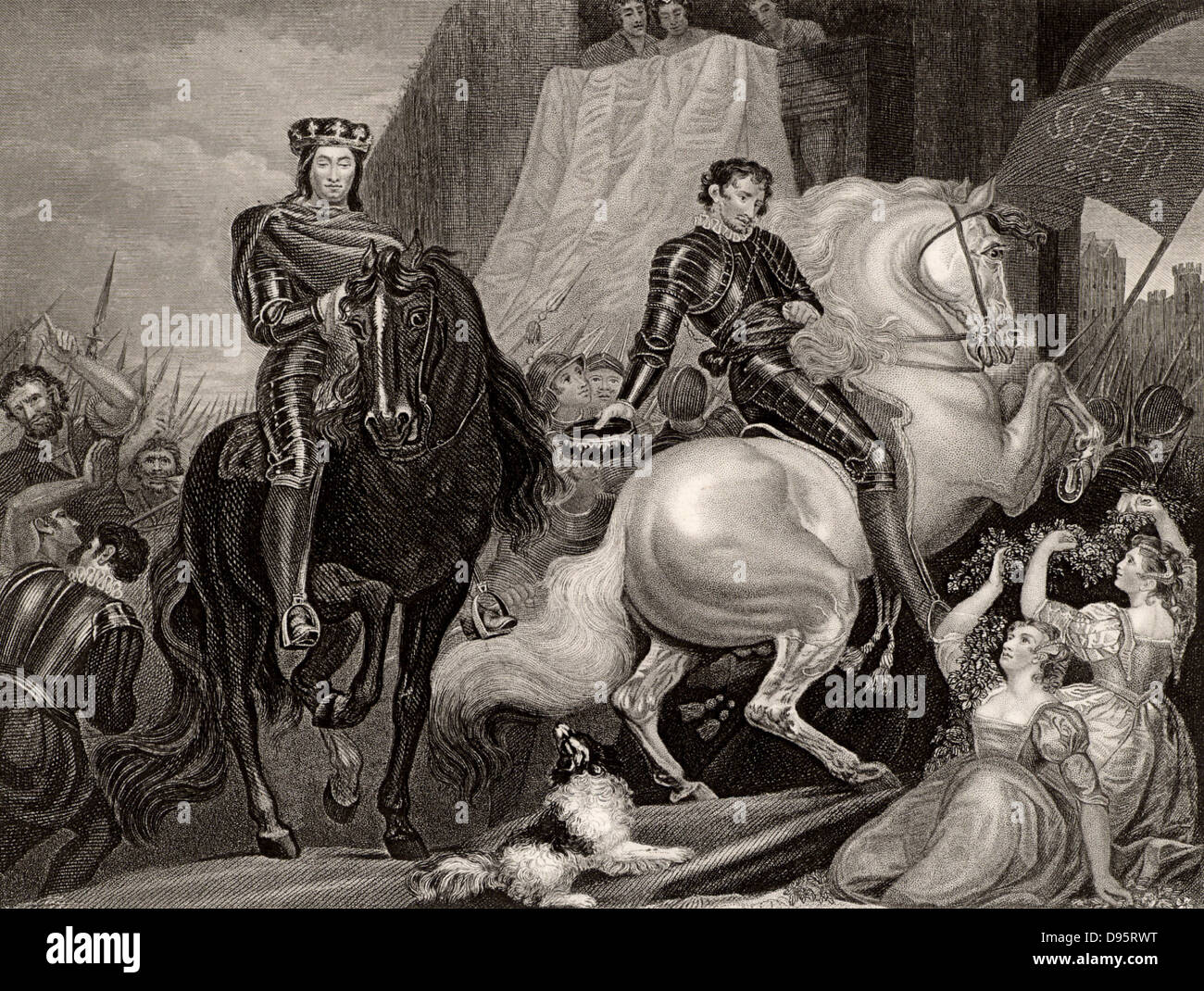 Richard II (1367-1400) king of England from 1377. Richard entering London, 14 June 1381, during the Peasants' Revolt after persuading men of Essex and Kent to return home. Engraving c1860. Stock Photo