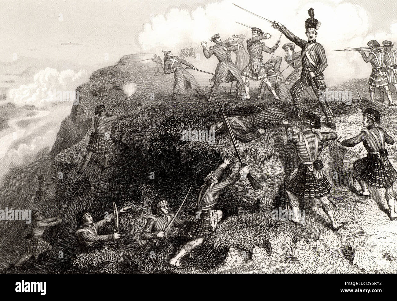 Crimean (Russo-Turkish) War 1853-1856. The Battle of Alma, 20 September 1854: The Highlanders attacking the Russian redoubt led by General Sir Colin Campbell (1792-1863) shown in tartan trews and wearing a Scottish bonnet urging on his kilted troops.  The Allies (Britain, France and Turkey) defeated the Russians.  Engraving c1860. Stock Photo