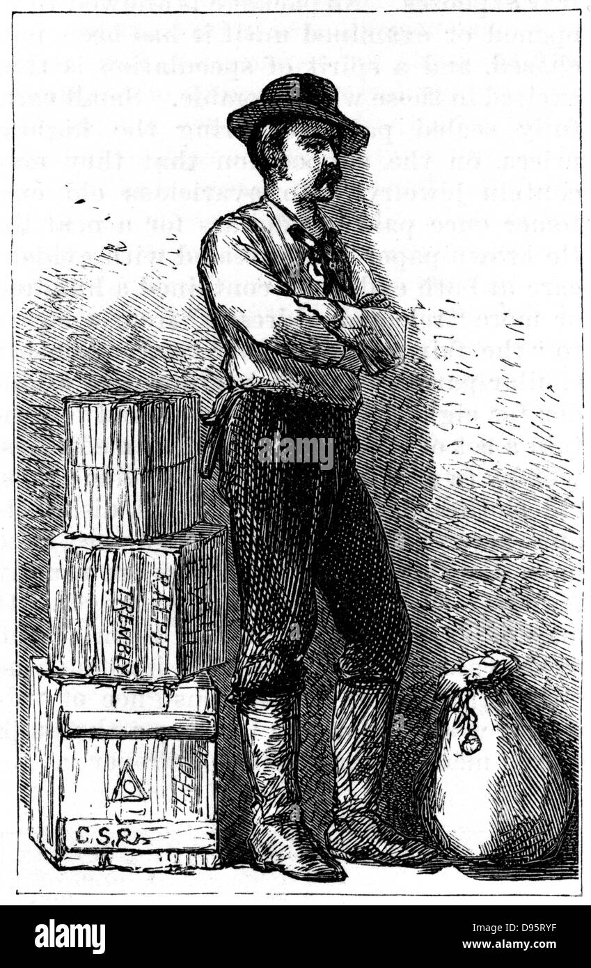 A Wells Fargo messenger from their Express Delivery service via the Isthmus of Panama. From 'Harper's New Monthly Magazine' New York 1875. Wood engraving Stock Photo