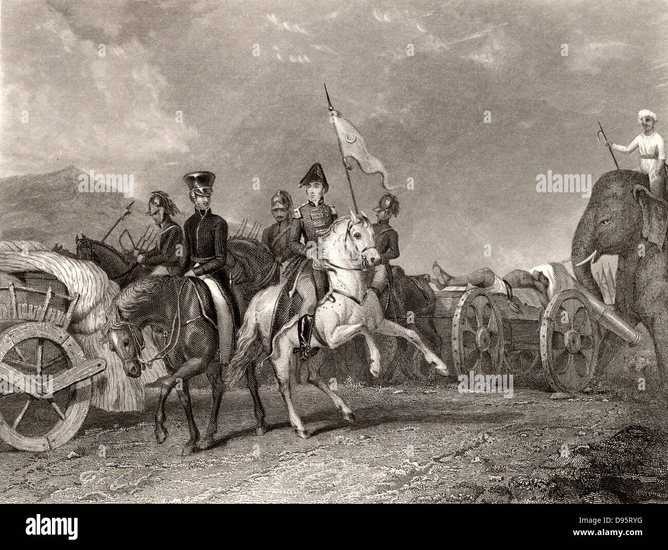 Arthur Wellesley, 1st Duke of Wellington (1769-1852) Anglo-Irish soldier and statesman. Wellington in India at the Battle of Conaghull, 10 September 1800.  On the gun carriage, centre right, is the body of  Doondiah Waugh, the Indian leader.  Engraving c1860. Stock Photo