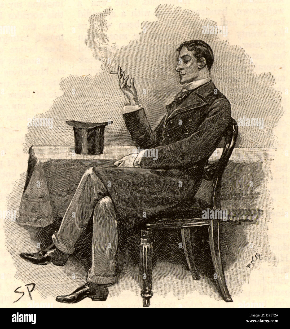 The Adventure of the Musgrave Ritual'. Reginald Musgrave, a college friend of Holmes, asking for help in clearing up the mystery of the disappearance of his butler. From 'The Adventures of Sherlock Holmes' by Conan Doyle from 'The Strand Magazine' (London, 1893). Illustration by Sidney E Paget, the first artist to draw Sherlock Holmes.  Engraving. Stock Photo