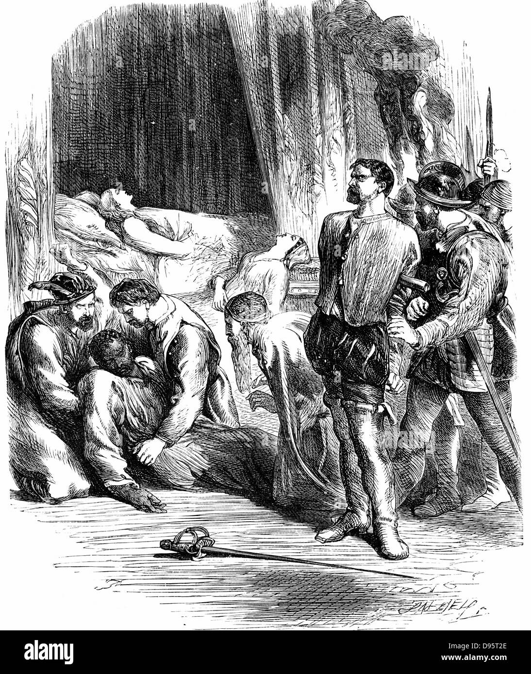 Shakespeare 'Othello' Act 5: Desdemona and Emilia lie dead, Othello has stabbed himself and Iago is taken prisoner. 19th century engraving. Stock Photo