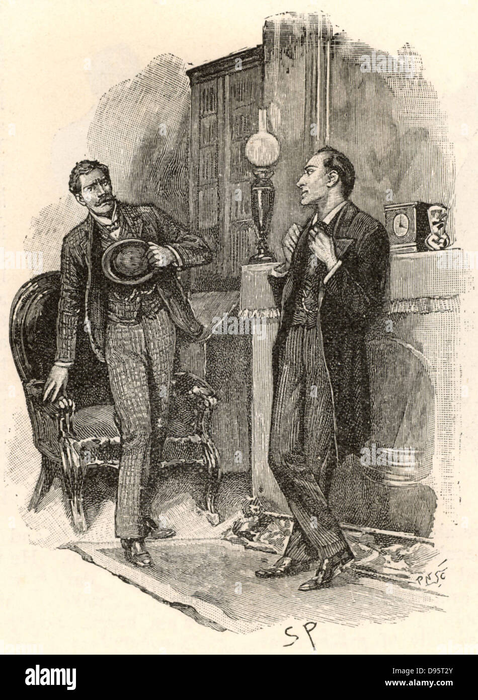 The Adventure of the Yellow Face'. A visitor to Holmes springing up in alarm that the detective should know his name. 'If you wish to preserve your incognito,' said Holmes, smiling, 'I should suggest that you cease to write your name in the lining of your hat ...'.  From 'The Adventures of Sherlock Holmes' by Conan Doyle from 'The Strand Magazine' (London, 1893). Illustration by Sidney E Paget, the first artist to draw Sherlock Holmes.  Engraving. Stock Photo