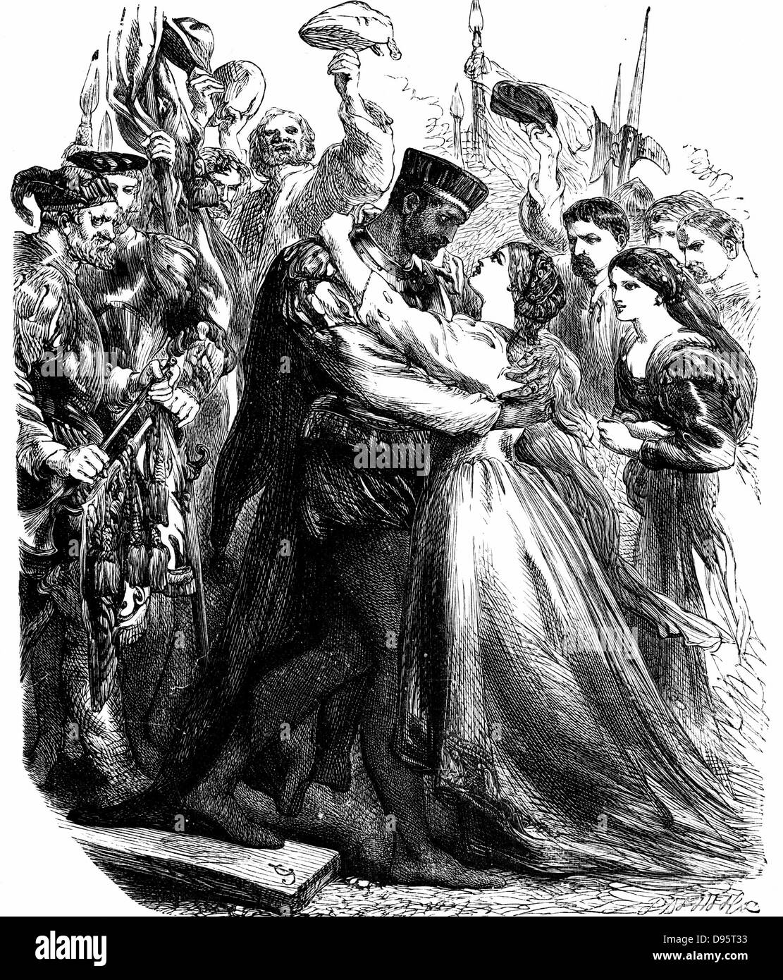 Shakespeare 'Othello' Act 2: Othello welcoming Desdemona to Cyprus. 19th century engraving. Stock Photo